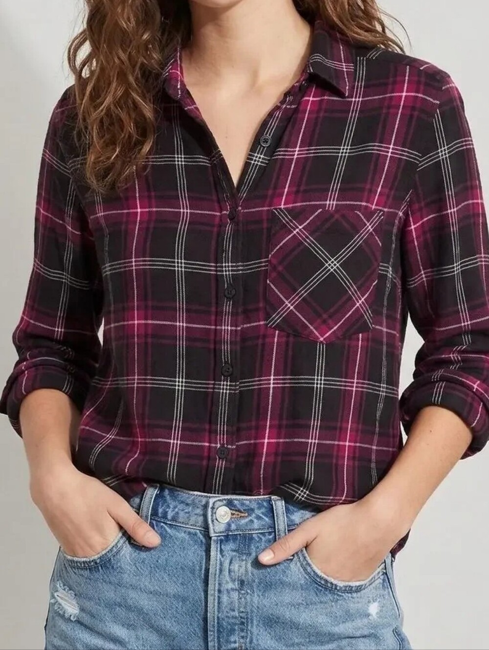 NWT! beachlunchlounge Black and Pink Plaid Button-Front Shirt
